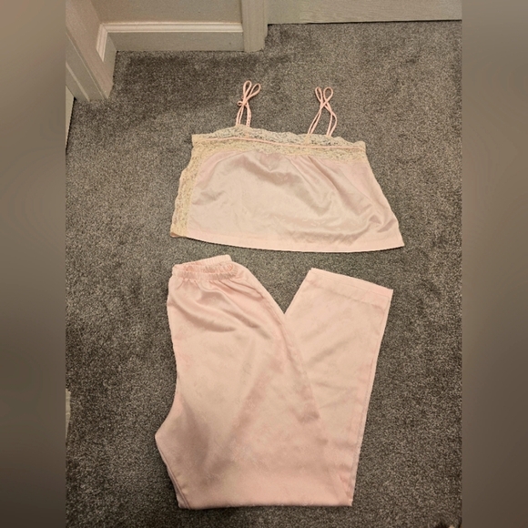 Lily of France Other - Lily Of France Silky Pajama Set Vintage Pale Pastel Pink Lace Floral Embossed
